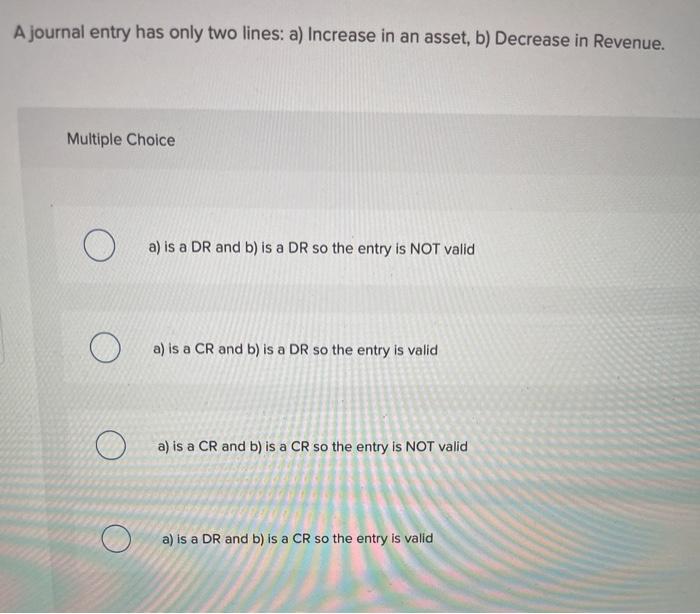 liability, b) Increase in Dividends. Multiple Choice a) is a CR and
