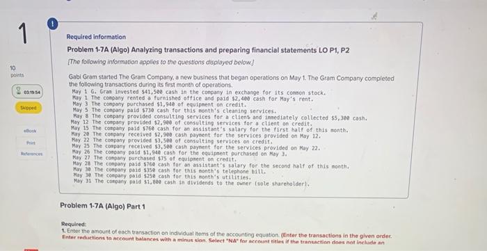  0 1 10 points 03 19:54 Skipped Required information Problem 1-7A