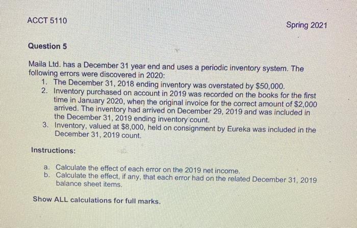  ACCT 5110 Spring 2021 Question 5 Maila Ltd. has a December