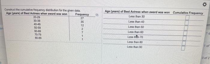  Construct the cumulative frequency distribution for the given data Age (years)