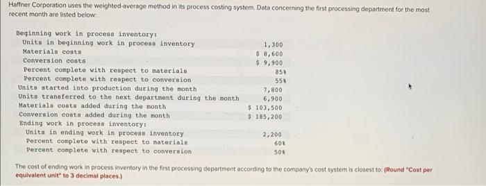  Haffner Corporation uses the weighted-average method in its process costing system.