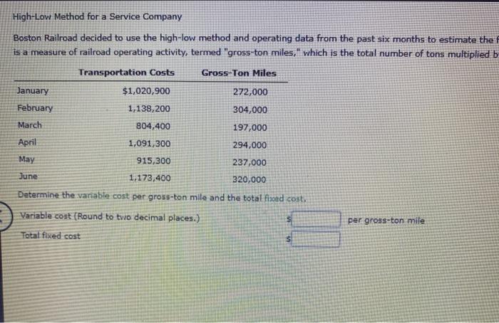 Boston Railroad decided to use the high low method and operating data