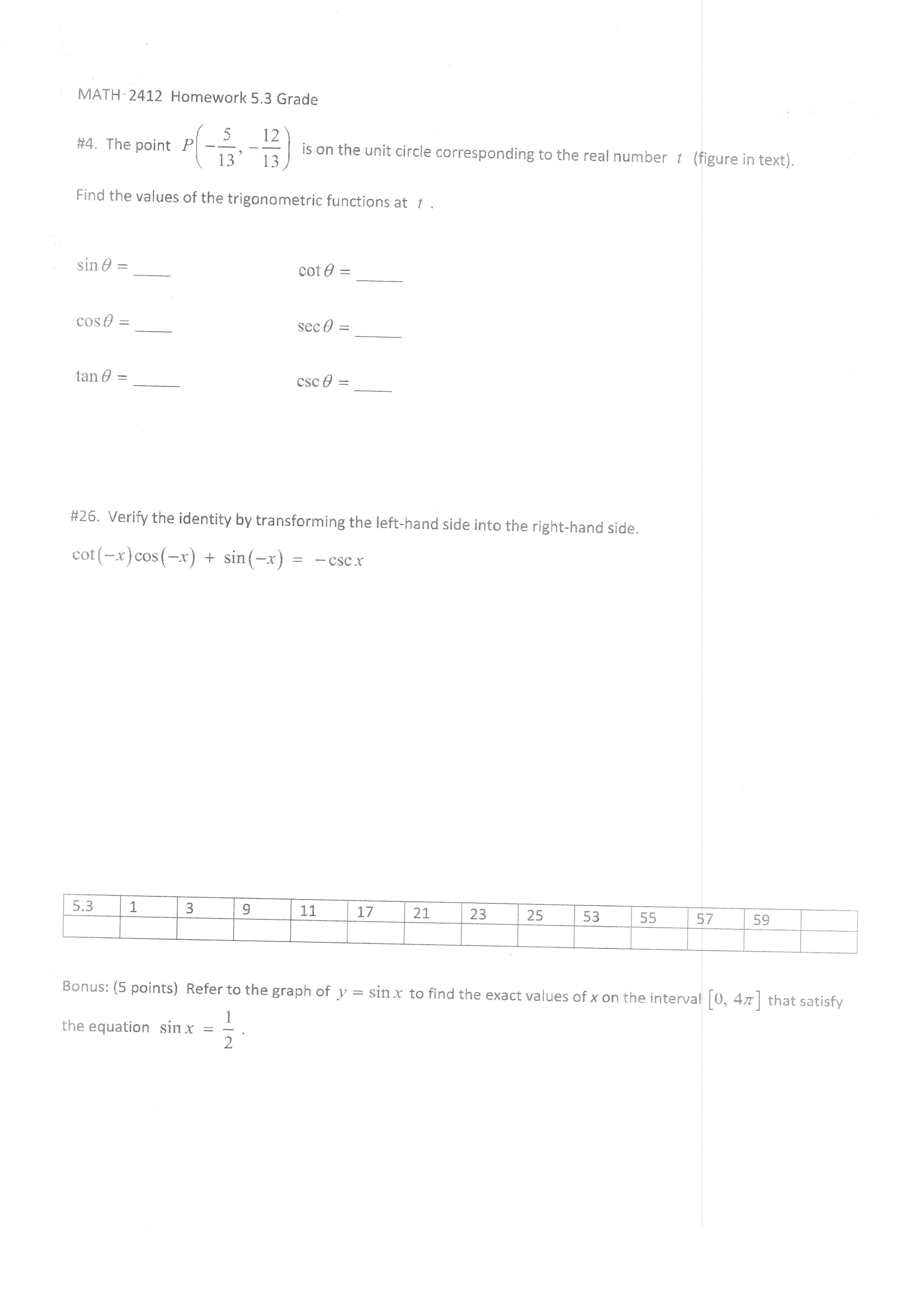 Math's Pre-calculus MATH-2412 Homework 5.3 Grade #4. The point P - 5