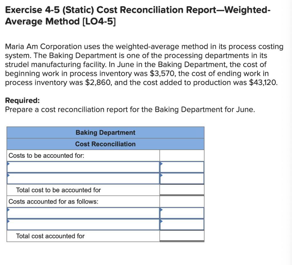  Exercise 4-5 (Static) Cost Reconciliation Report-Weighted- Average Method [LO4-5] Maria Am