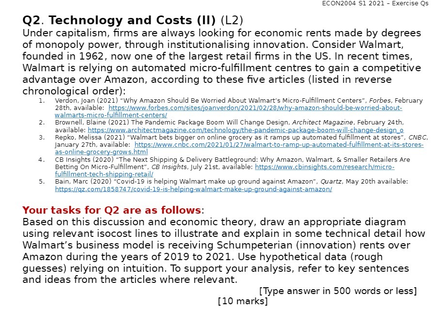  ECON2004 51 2021 - Exercise Qs Q2. Technology and Costs (II)
