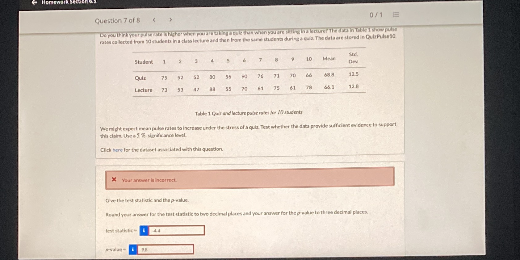 Question 7 of 8 your pu se rate s 0/1 n you