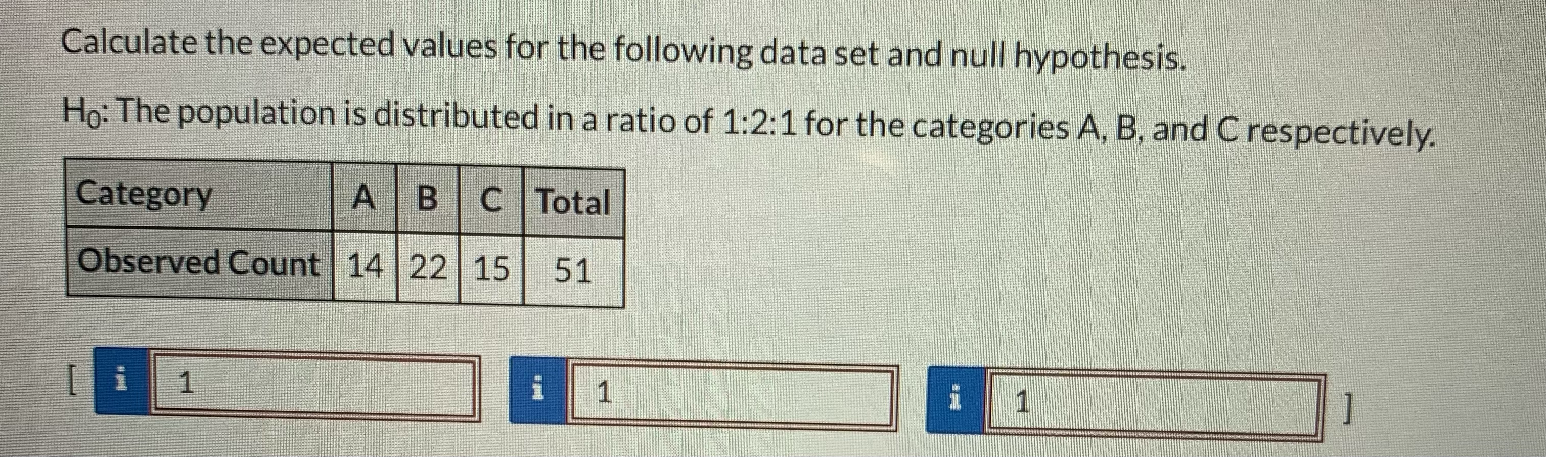 hypothesis. Ho: The population is distributed in a ratio of 1:2:1 for