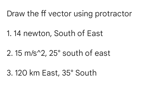 help pls follow the instructions Draw the ff vector using protractor 1.