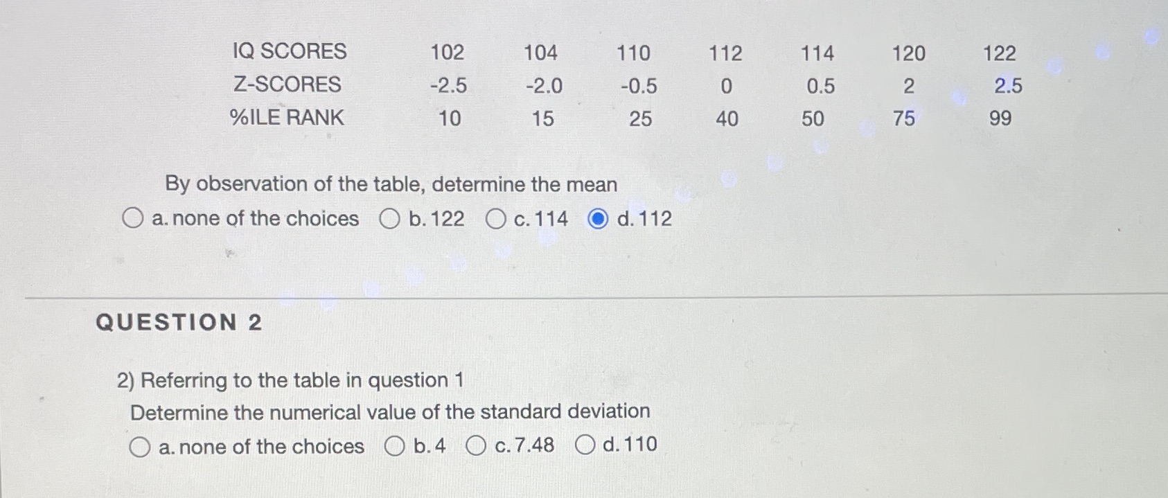 you need the table from question 1 to answer question 2 IQ