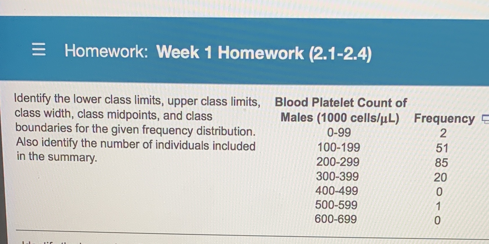  Homework: Week 1 Homework (2.1-2.4) Identify the lower class limits, upper