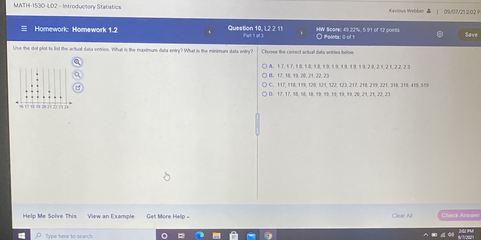 MATH-1530-L02 - Introductory Statistics Kavious Webber & | 09/07/21 2:02 P