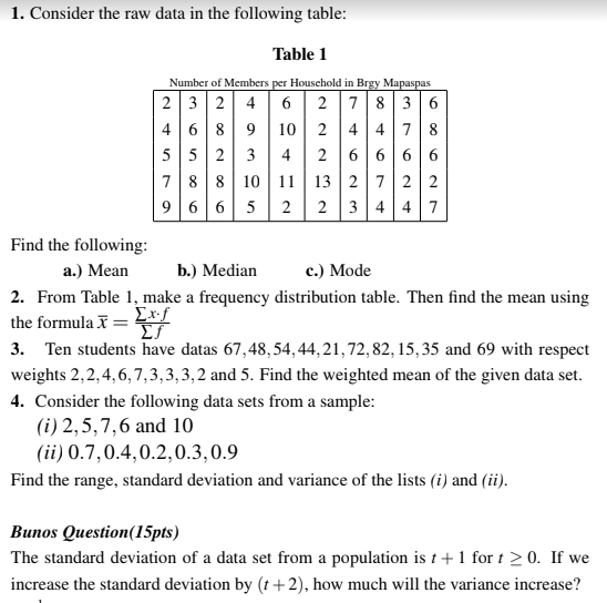 a frequencyr table and using the fre quency tahle, solve for the