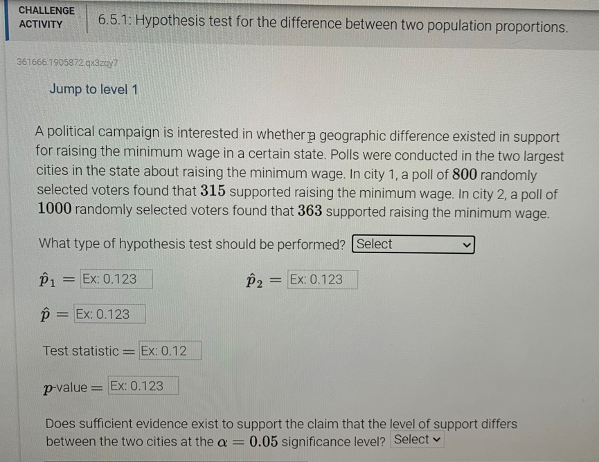  CHALLENGE ACTIVITY 6.5.1: Hypothesis test for the difference between two population