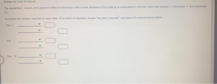  Entries for Cash Dividends The declaration, record, and payment dates in