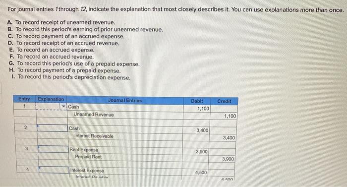  For journal entries through 12, indicate the explanation that most closely