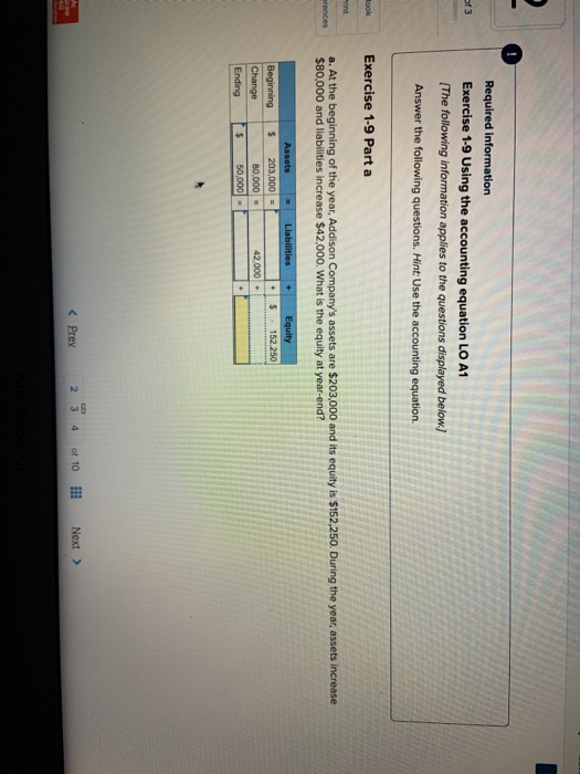  of 3 Required information Exercise 1-9 Using the accounting equation LO