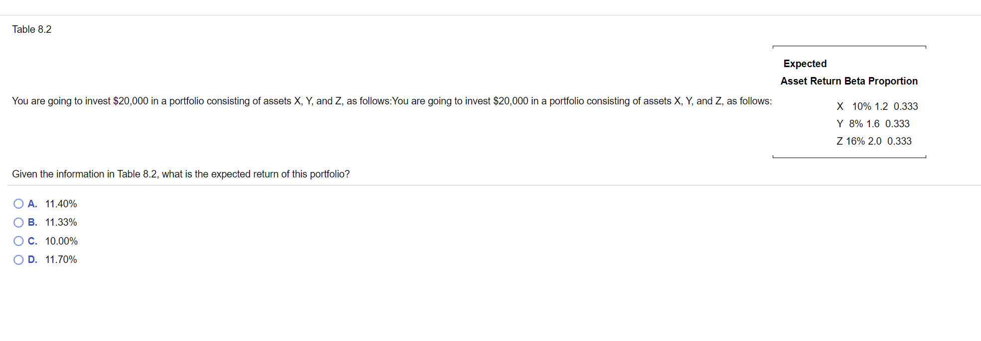  Table 8.2 Expected Asset Return Beta Proportion You are going to