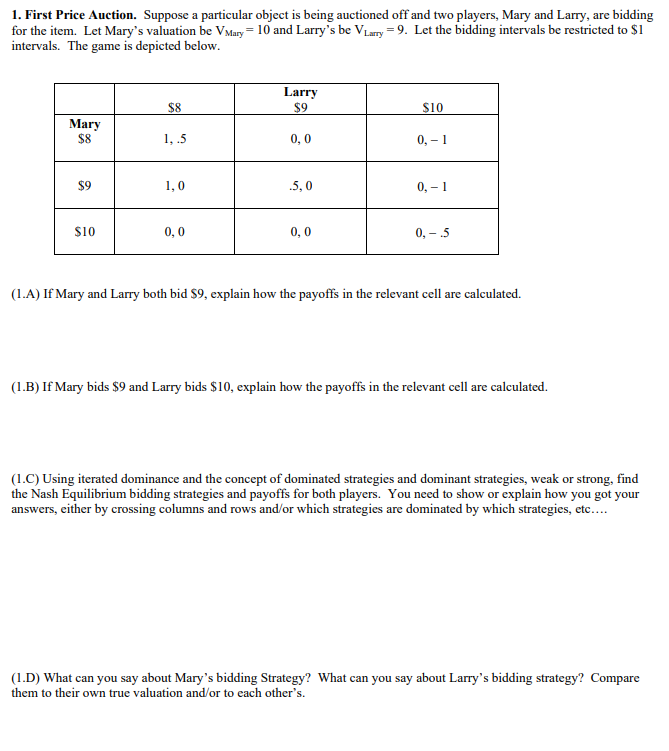  1. First Price Auction. Suppose a particular object is being auctioned