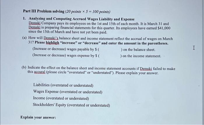  Part III Problem solving (20 points * 5 = 100 points)