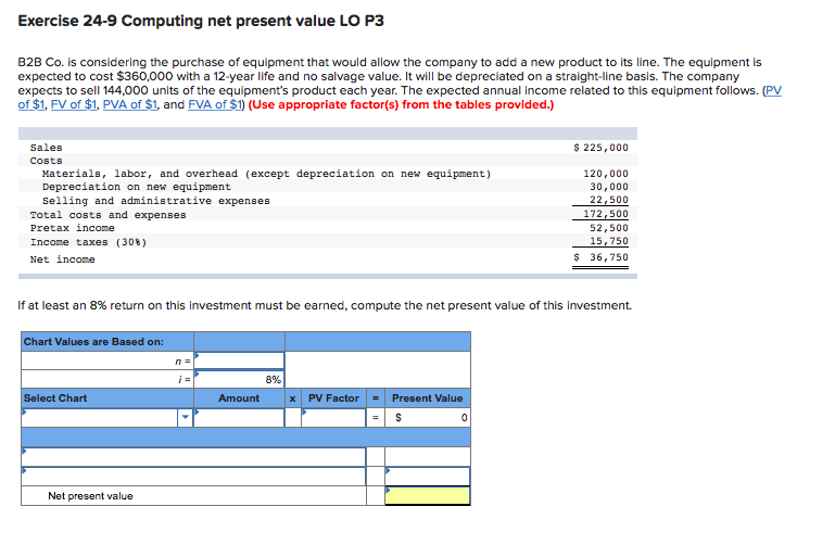  Exercise 24-9 Computing net present value LO P3 B2B Co. is