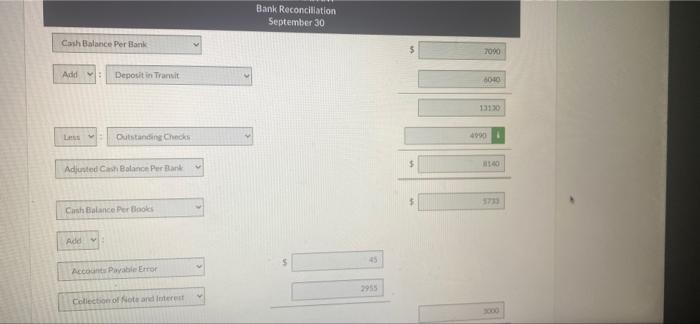 Culver Kayak Company's bank statement for the month of September showed a