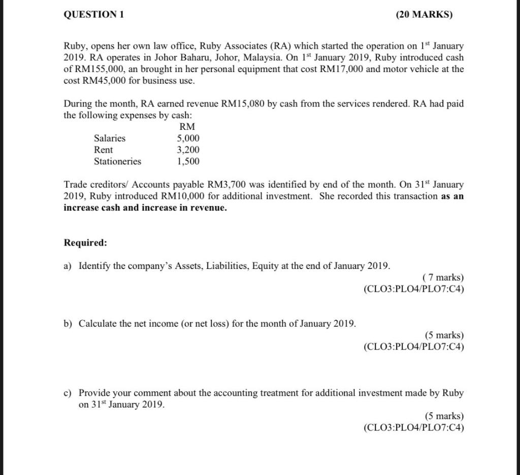  QUESTION 1 (20 MARKS) Ruby, opens her own law office, Ruby