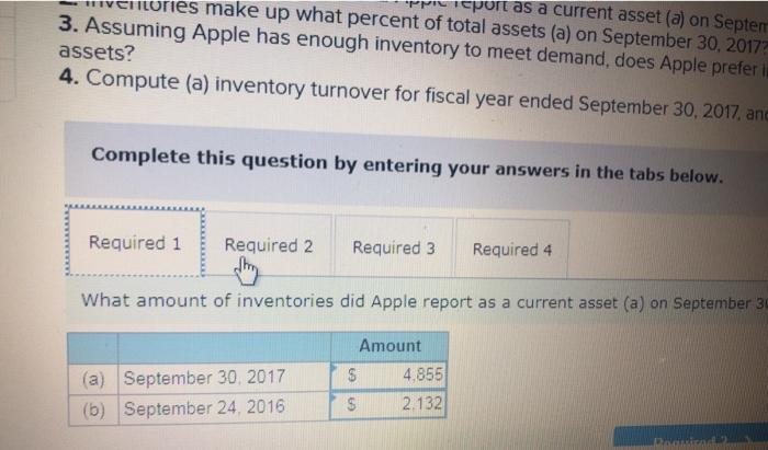 the following Required: 1. What amount of inventories did Apple report as