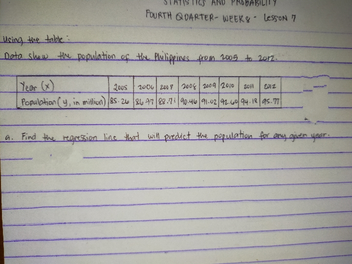 Topic: Regression Line STATISTICS AND PROBABILITY FOURTH QUARTER- WEEK& - LESSON 17