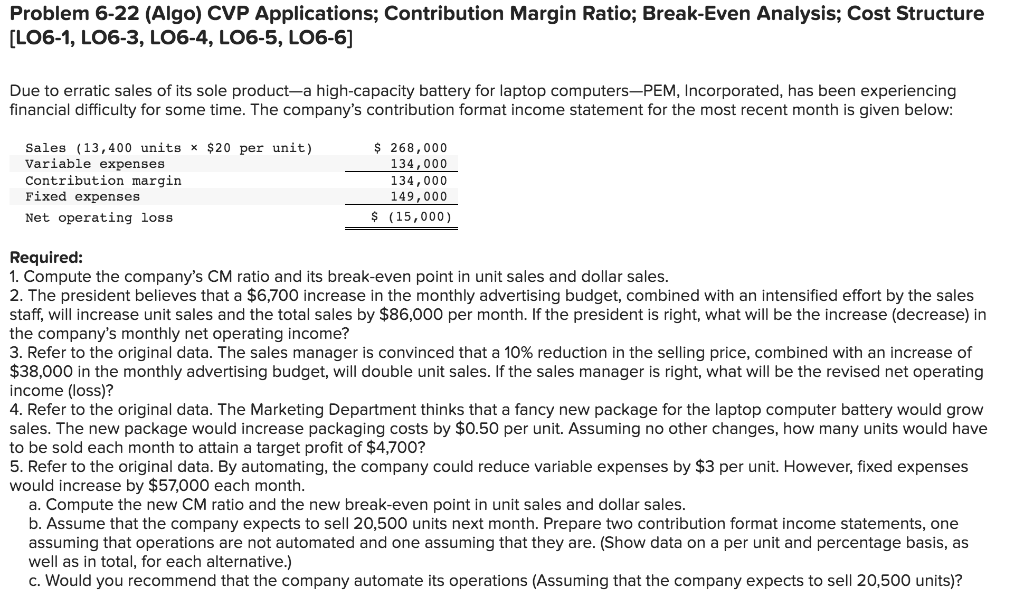  Problem 6-22 (Algo) CVP Applications; Contribution Margin Ratio; Break-Even Analysis; Cost