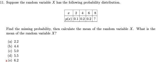 11. Suppose the random variable X has the following probability distribution.