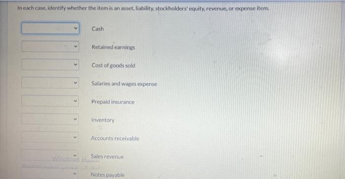 help In each case, identify whether the item is an asset, liability,