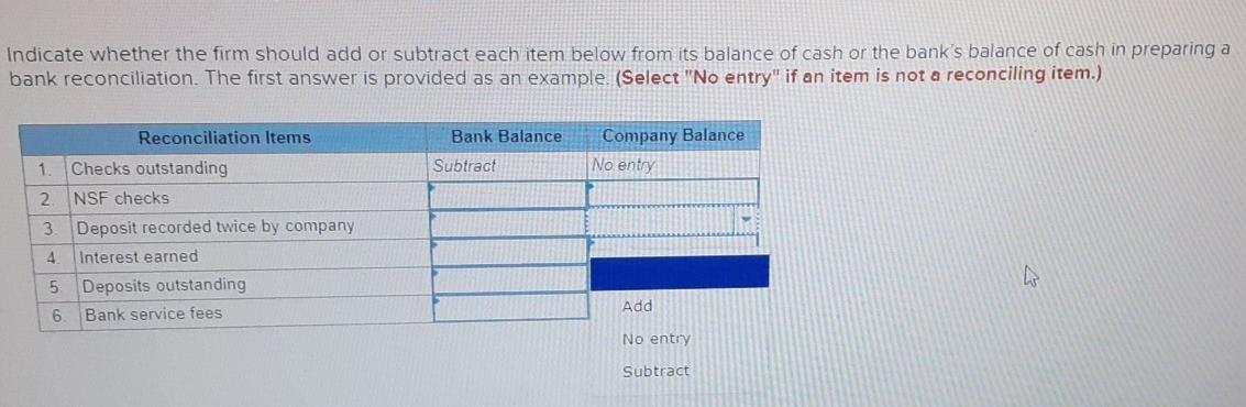  Indicate whether the firm should add or subtract each item below