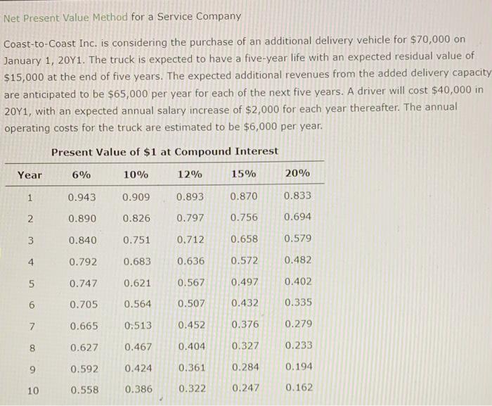  Net Present Value Method for a Service Company Coast-to-Coast Inc. is