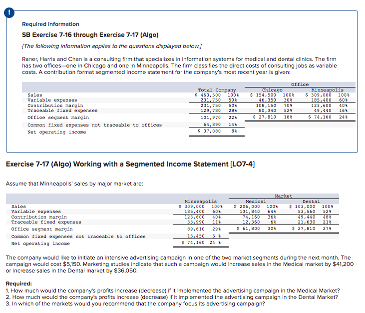  Required information SB Exercise 7-16 through Exercise 7-17 (Algo) [The following