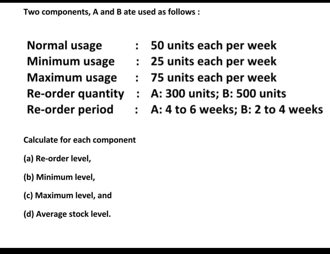 Two components, A and B ate used as follows: Normal usage