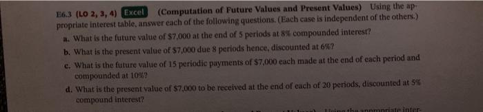  E6.3 (LO 2, 3, 4) Excel (Computation of Future Values and