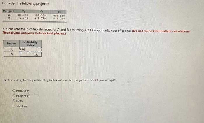  Consider the following projects: Project B co -$2,450 - 2,450 C