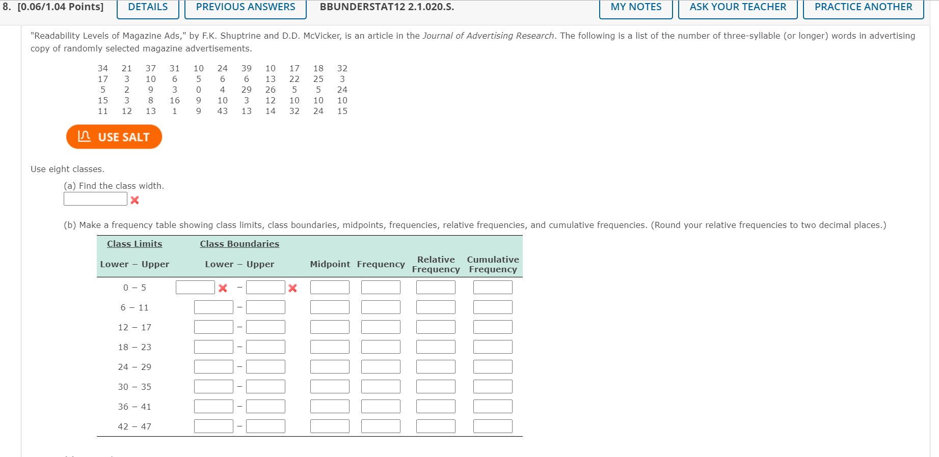 8. BBUNDERSTAT12 2.1.020.S. MY NOTES ASK YOUR TEACHER PRACTICE ANOTHER 8. [0.06/1.04