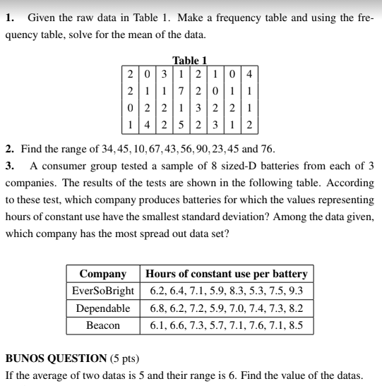 Part1: 1. Given the raw data in Table I. Make a frequencyr