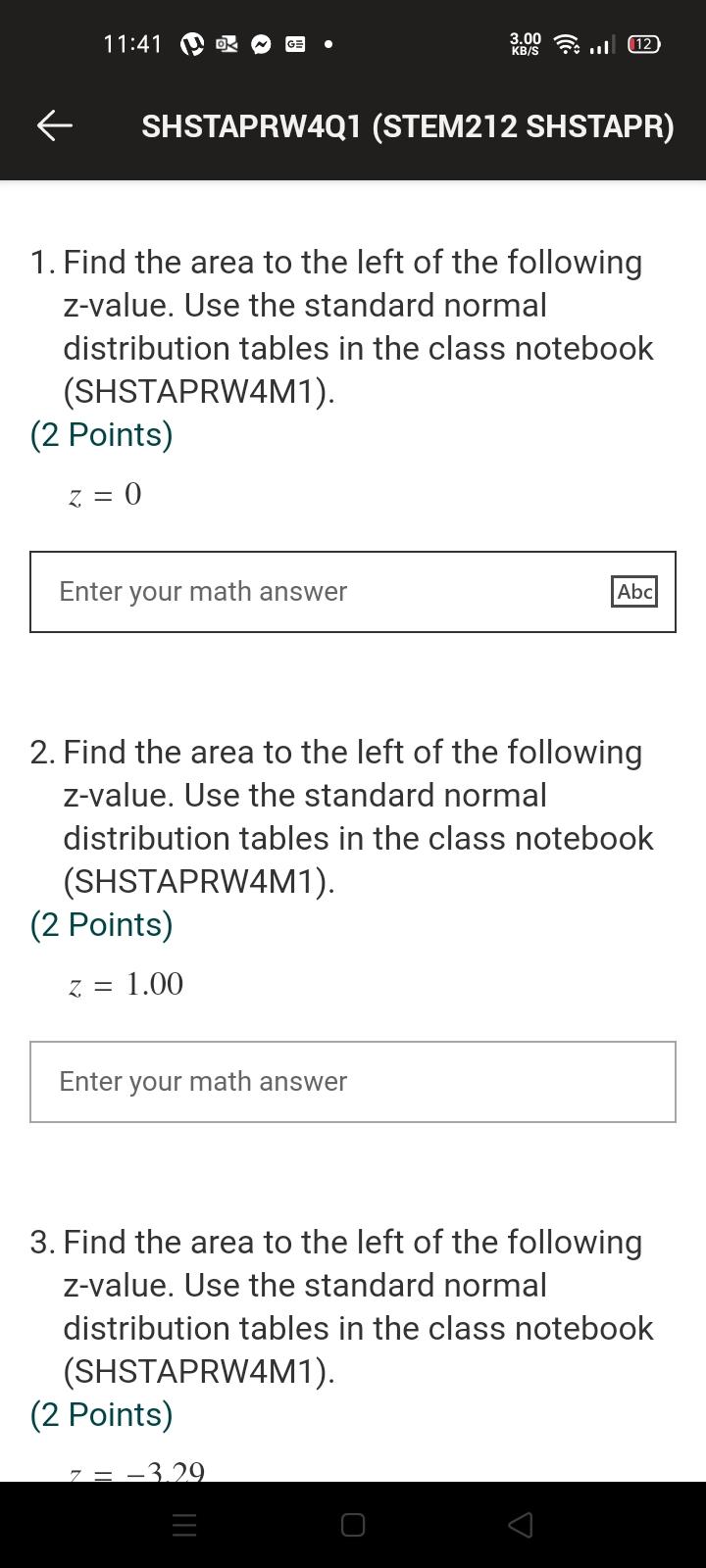 your math answer 10. Find the area to the left of the