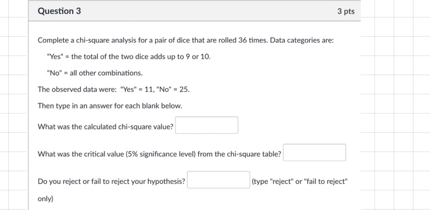 Question 3 3 pts Complete a chi-square analysis for a pair