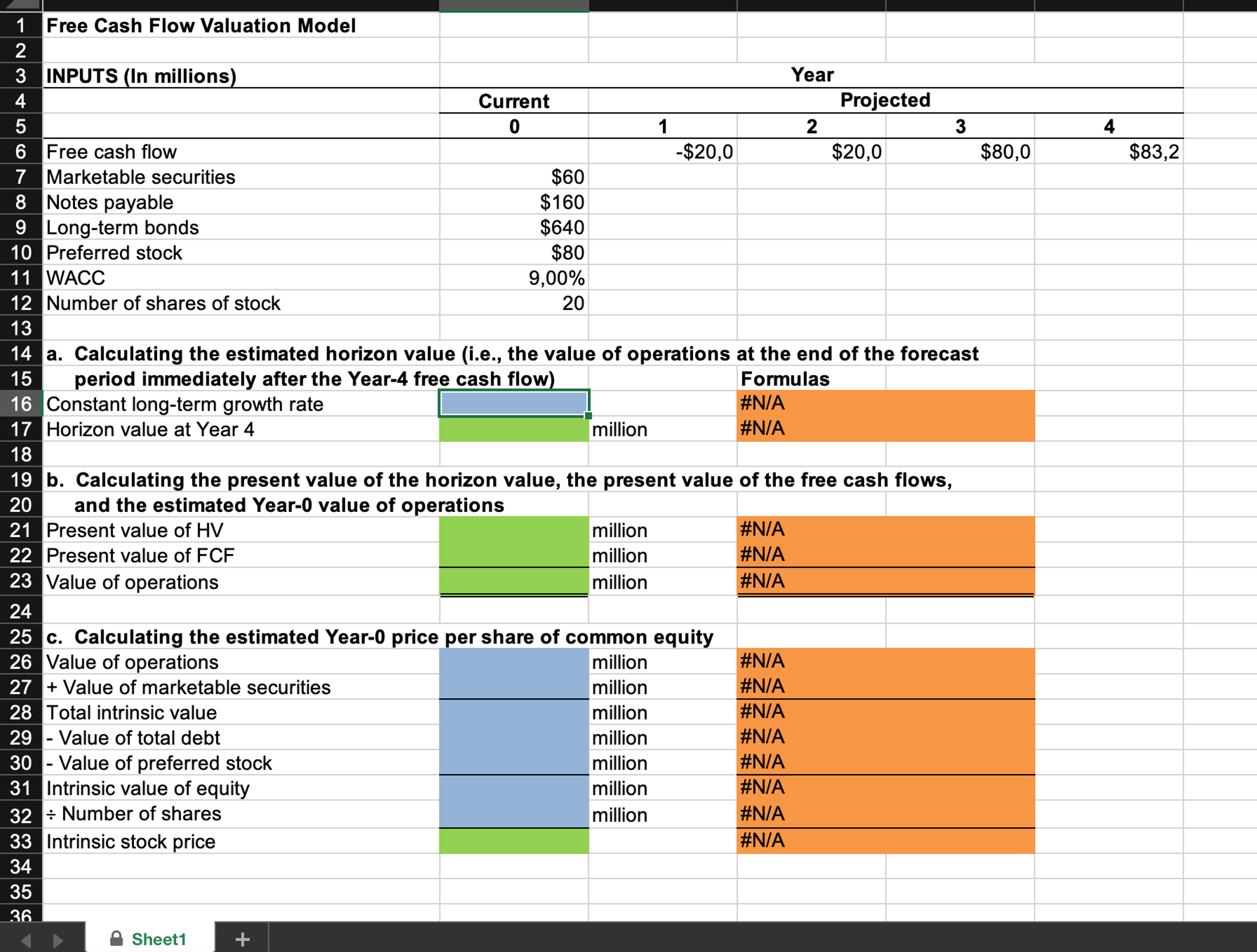  Excel Activity: Free Cash Flow Valuation Model Start with the partial