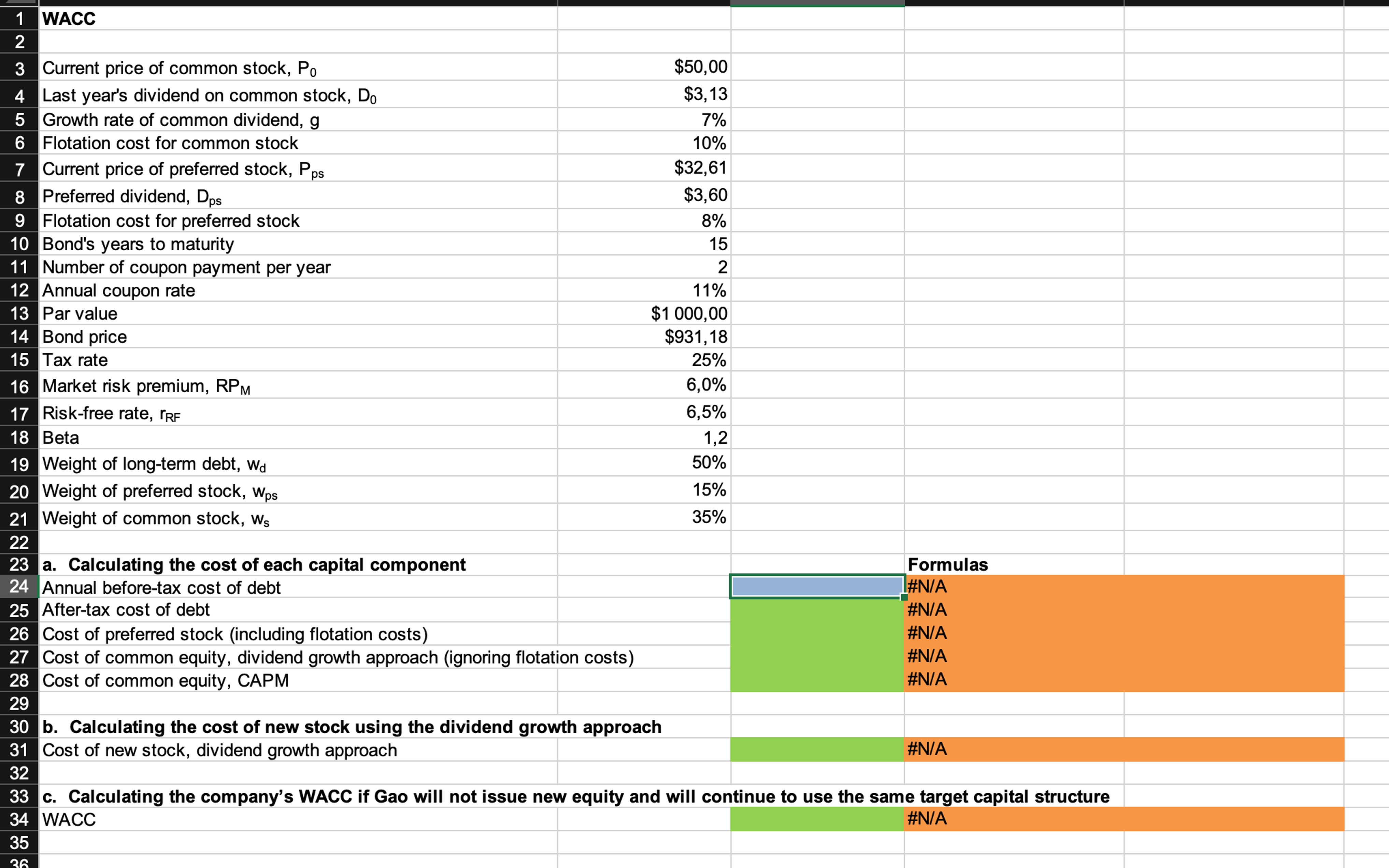  9 Excel Activity: WACC Start with the partial model in the
