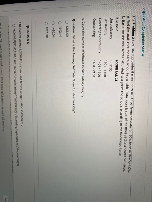  Question Completion Status: The Problem 2 excel sheet provides the section-wise