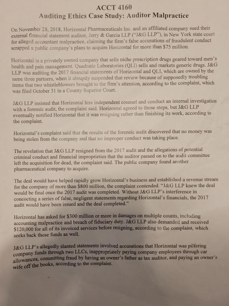 ACCT 4160 Auditing Ethics Case Study: Auditor Malpractice On November 28,