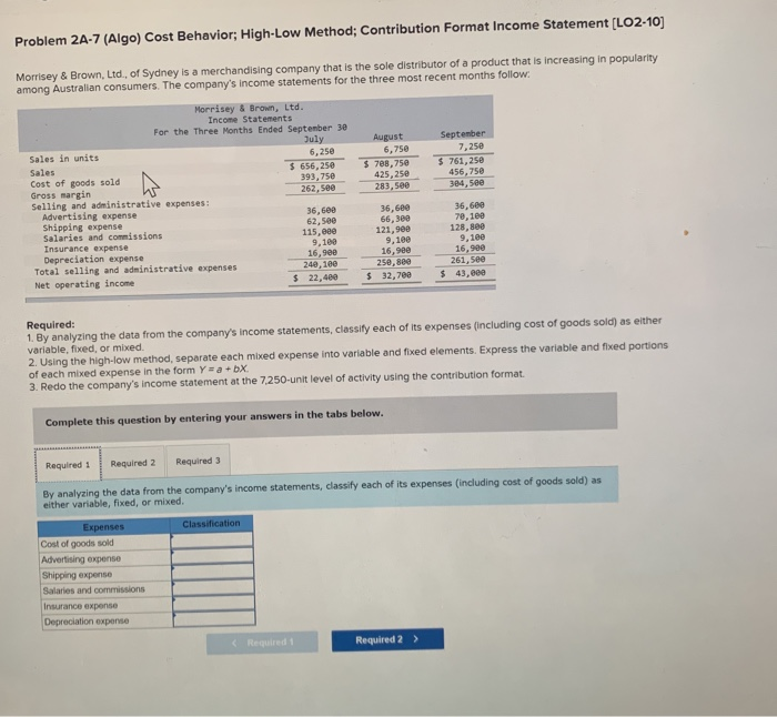  please show work! Problem 2A-7 (Algo) Cost Behavior; High-Low Method; Contribution