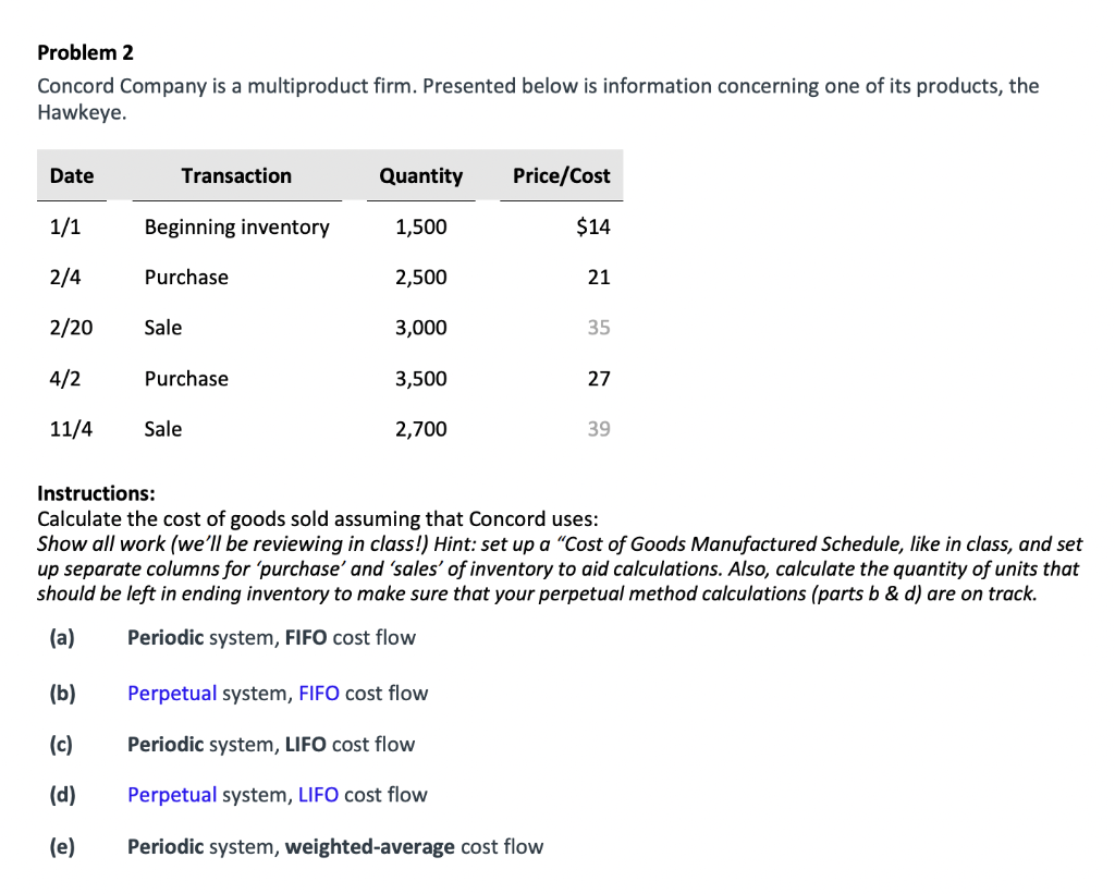  Problem 2 Concord Company is a multiproduct firm. Presented below is
