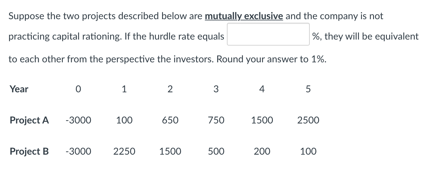  Suppose the two projects described below are mutually exclusive and the