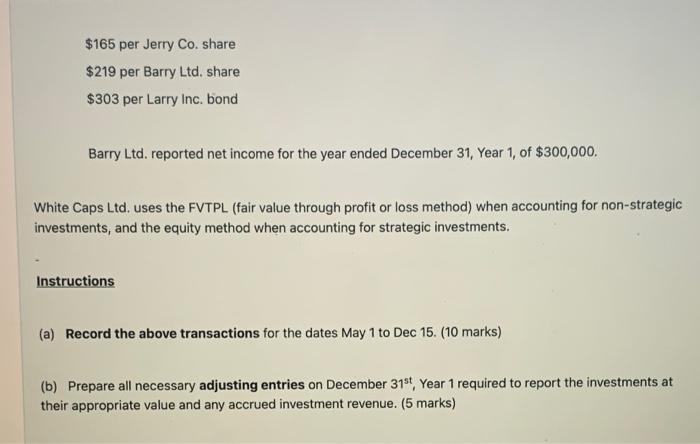 operations. White Caps Ltd. had the following transactions regarding their investments: May
