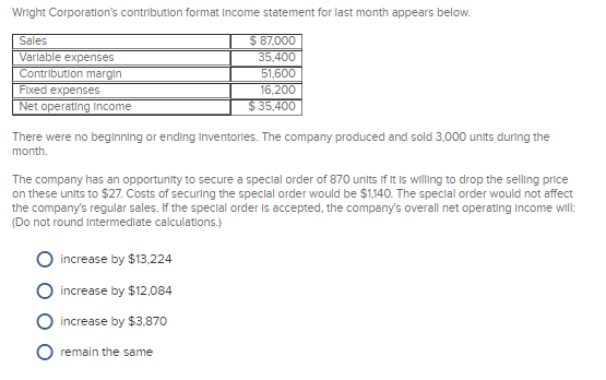 Wright Corporation's contribution format Income statement for last month appears below.